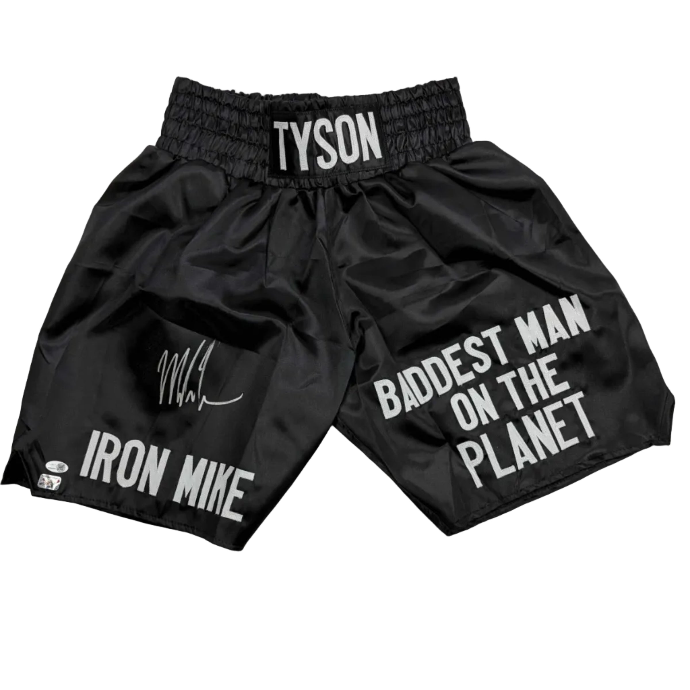 Autographed/Signed Mike Tyson Iron Mike Baddest Man on the Planet Black Boxing Trunks JSA COA