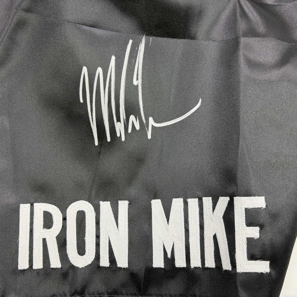 Autographed/Signed Mike Tyson Iron Mike Baddest Man on the Planet Black Boxing Trunks JSA COA