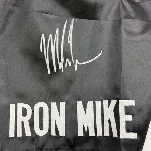 Autographed/Signed Mike Tyson Iron Mike Baddest Man on the Planet Black Boxing Trunks JSA COA